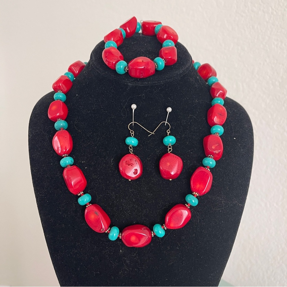 LUO Red Coral, Turquoise, and 925 silver Necklace bracelet and earrings set